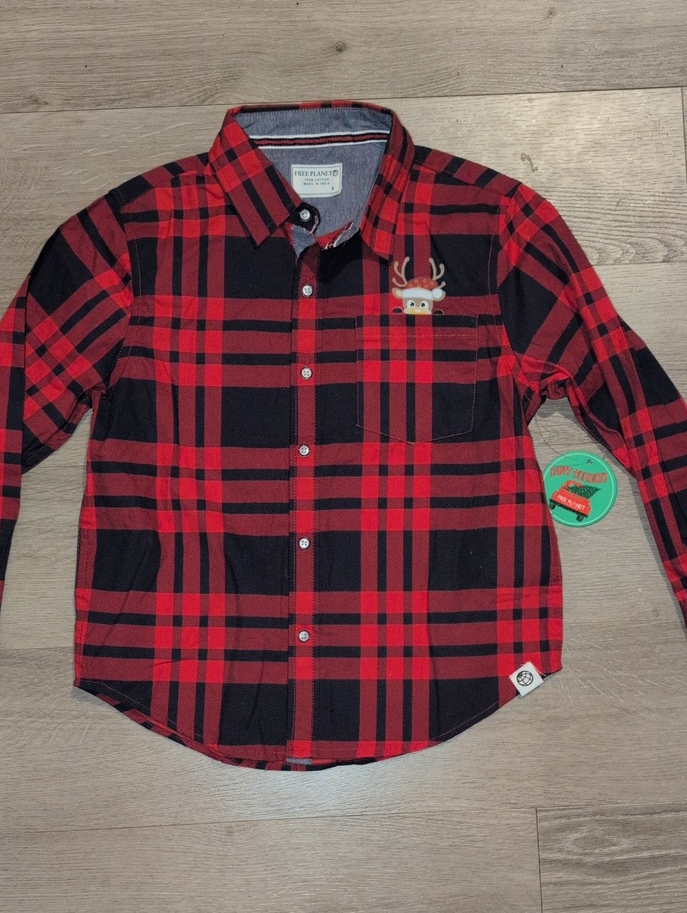 Free Planet Red and Black Plaid Button-Down Shirt with Reindeer Patch